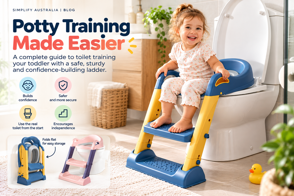 LittleLift potty training ladder folded flat for compact storage leaning against a bathroom wall next to the toilet
