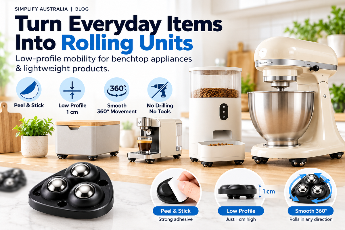 Kitchen island on ProGlide locking caster wheels rolled out from the wall on tile flooring with brake lever visible