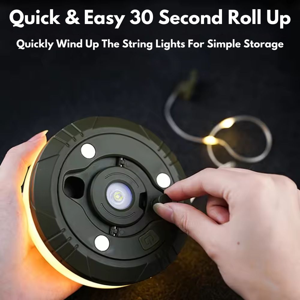 String lights with a quick and easy roll-up feature, held by hands against a dark background.