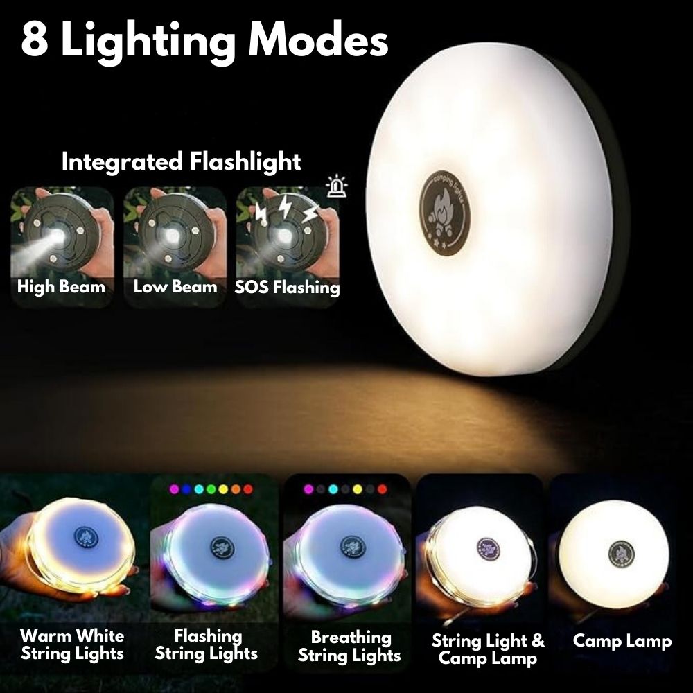 Outdoor string lights for camping glowing in white and multicolour modes