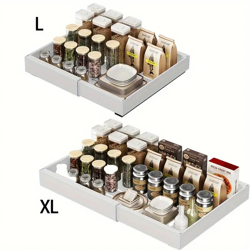 Kitchen cabinet pull out storage rack organising pots pans and small appliances
