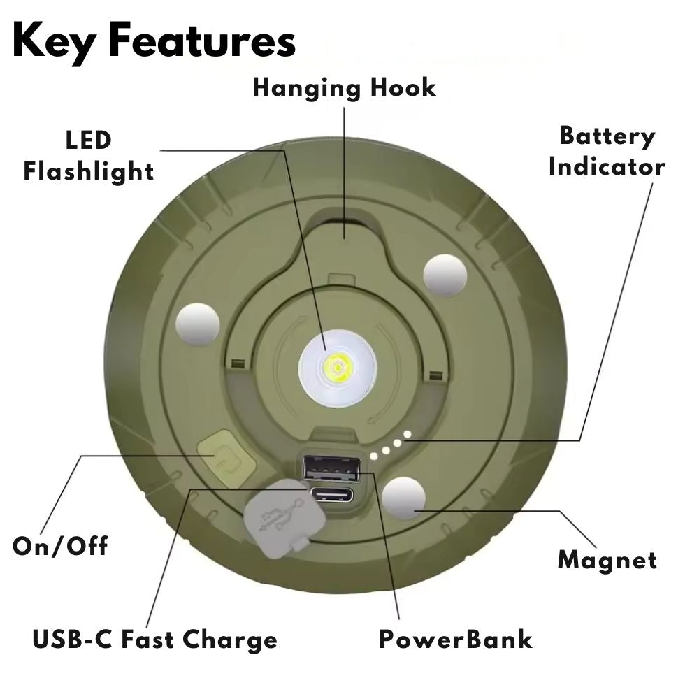 Compact 4-in-1 camping light with magnetic hook and tangle-free storage