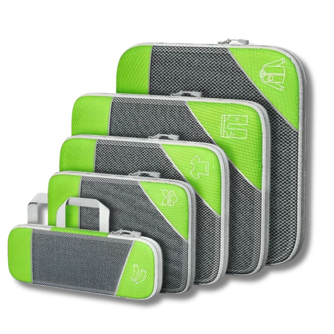 Set of five Simplify Australia Compression Packing Cubes on bed ready for travel