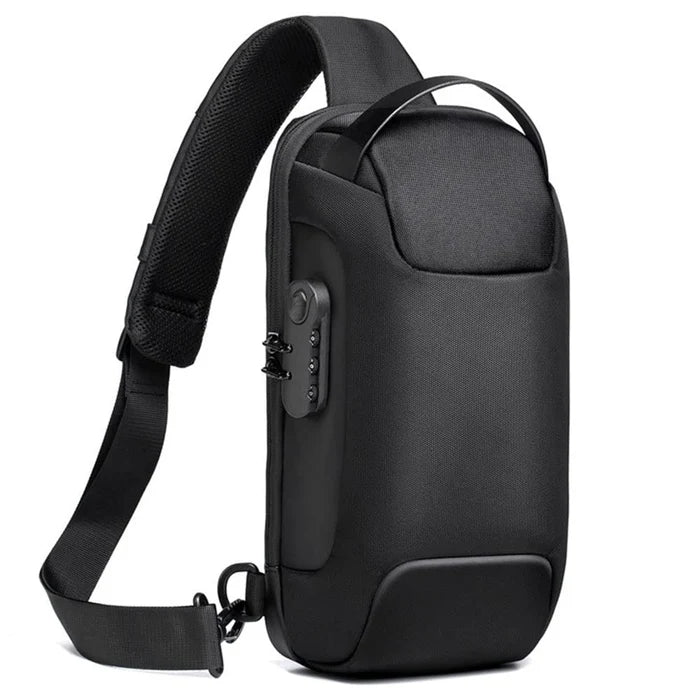 Simplify Australia Anti-Theft Crossbody Charging Bag worn by traveller in busy city