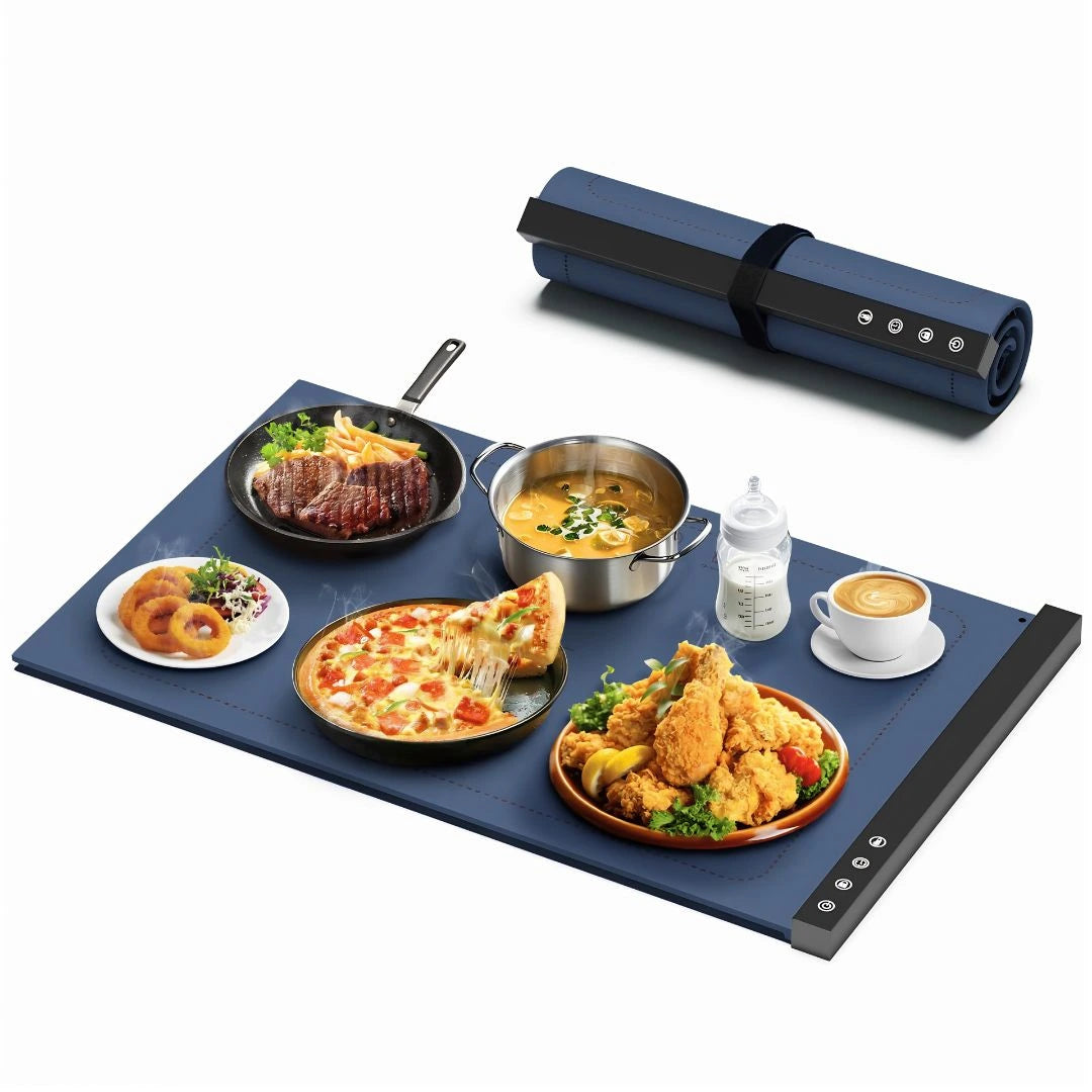 Space-saving roll-up electric food warmer alternative to bulky chafing dishes