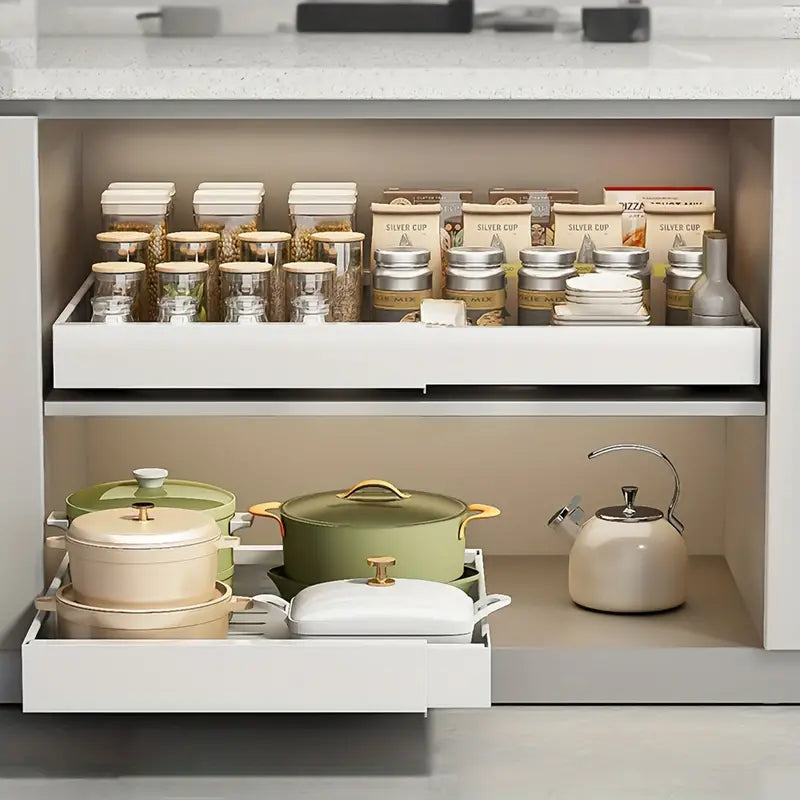 Adjustable expandable shelf organiser installed in pantry cupboard without drilling
