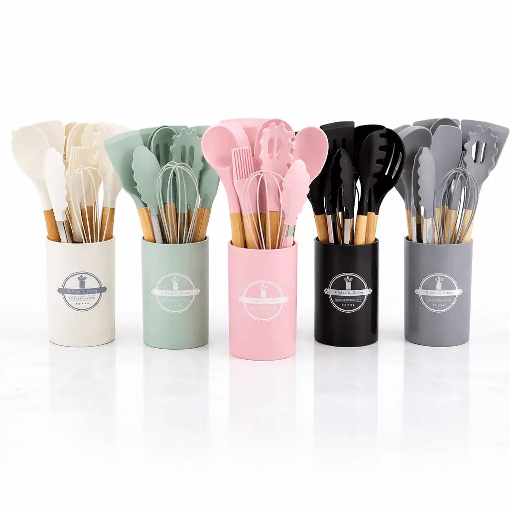BPA free silicone kitchen utensils with wooden handles in pink colour option