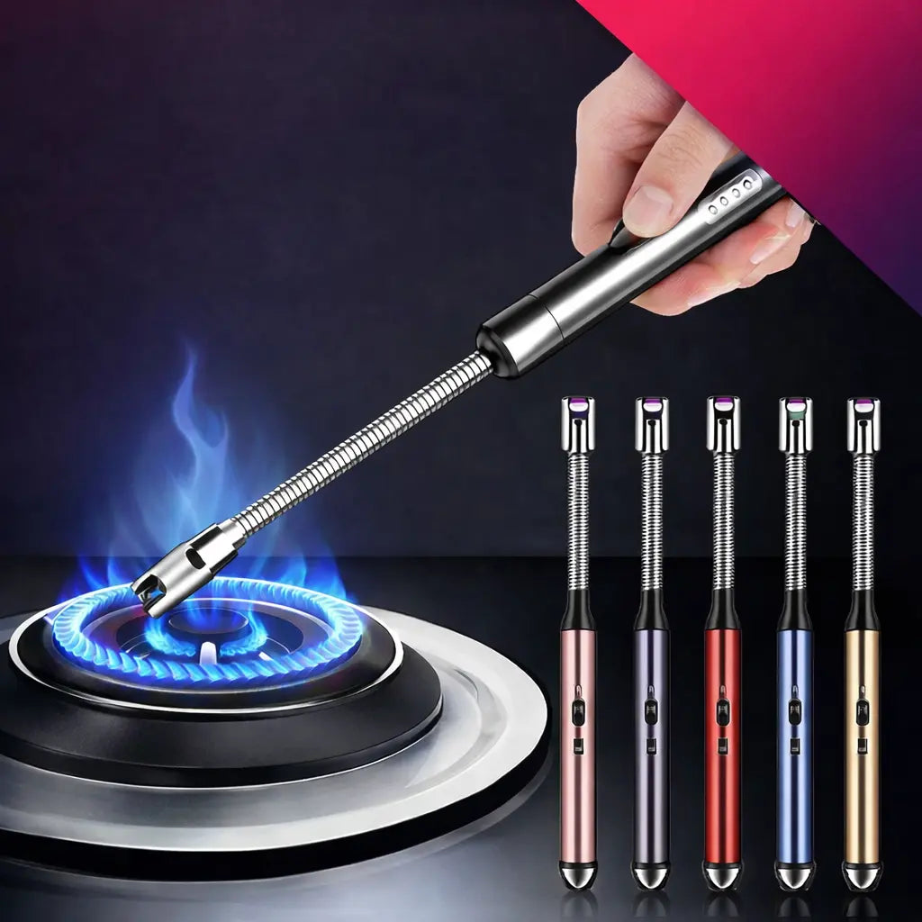 Hand holding a gas lighter over a gas stove with additional lighters displayed below.