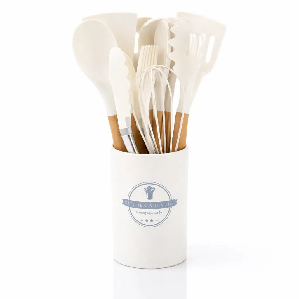 ChefSet utensil set in grey colour with wooden handles matching modern kitchen