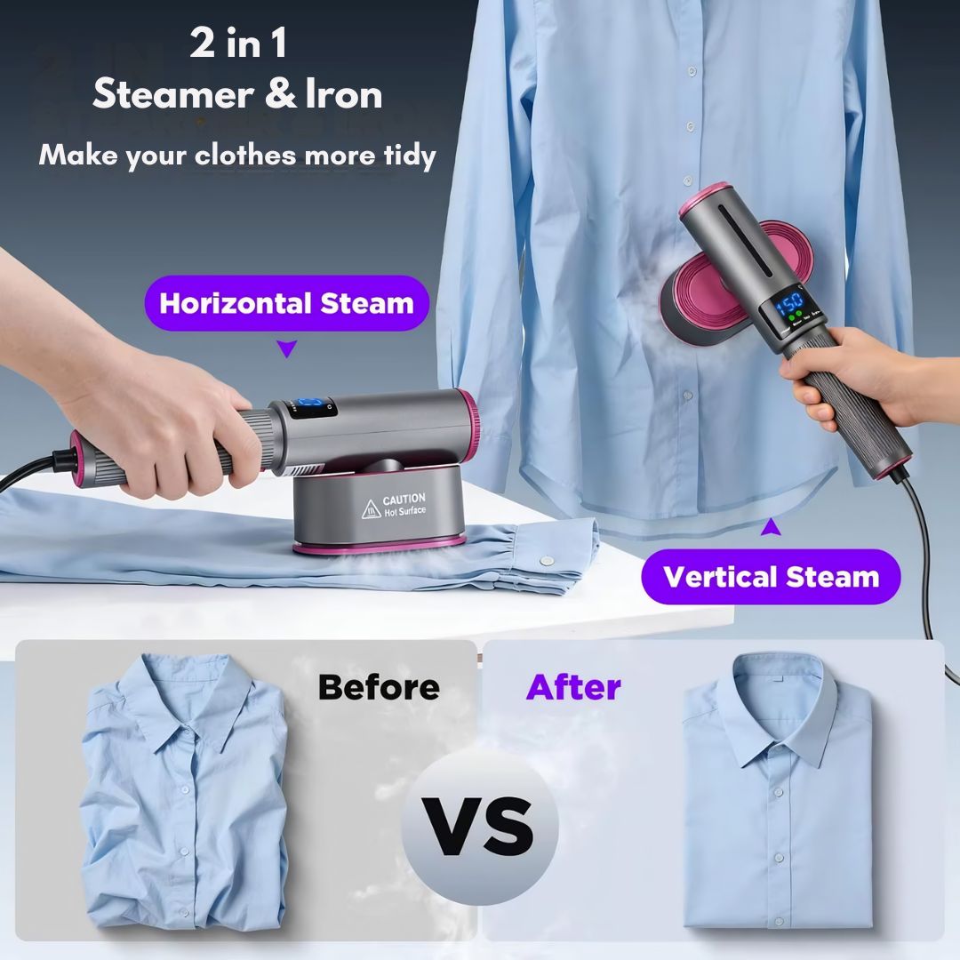 Clothes steamer handheld with two steam levels for delicate and heavy fabrics