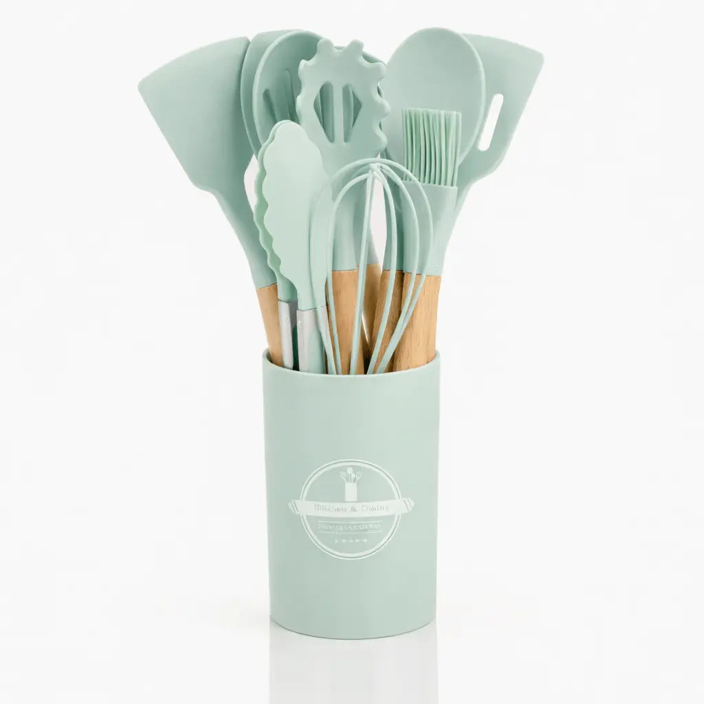 Complete kitchen starter utensil set with turner ladle tongs and pasta server