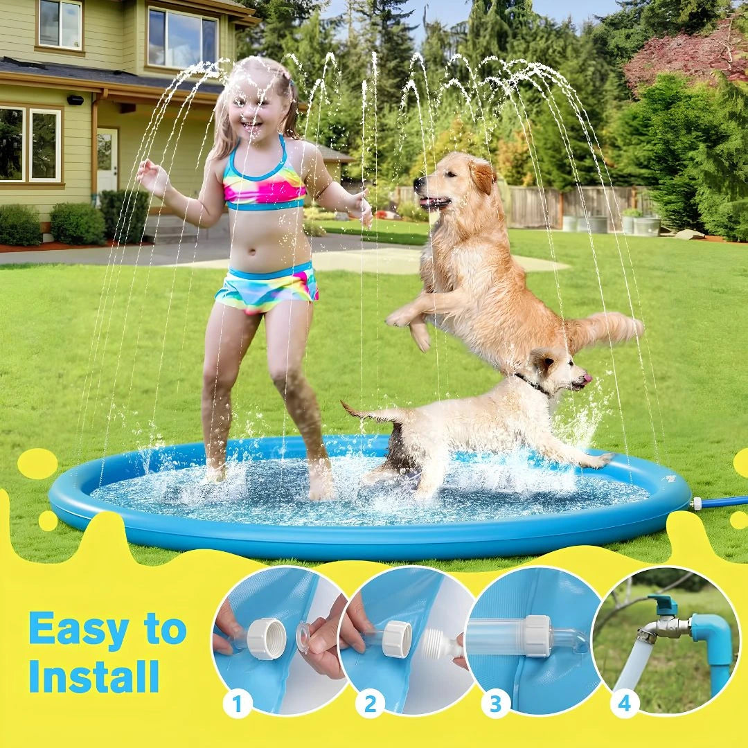 Dog and child playing together on CoolPaws non slip splash pad