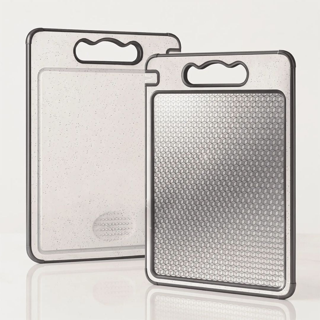 Double sided kitchen chopping board with non-slip silicone edges on bench