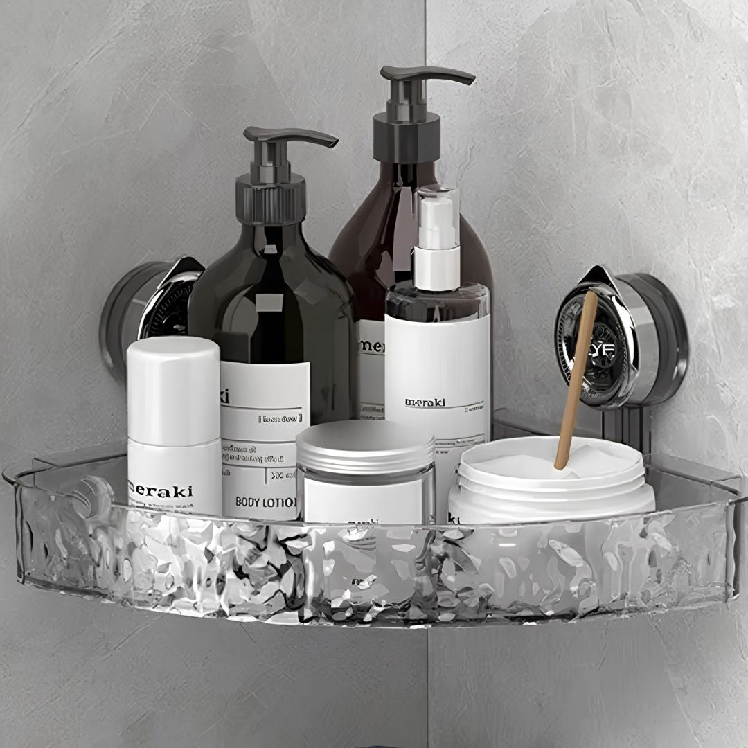 Drill free bathroom shelf with strong vacuum suction on smooth tile surface