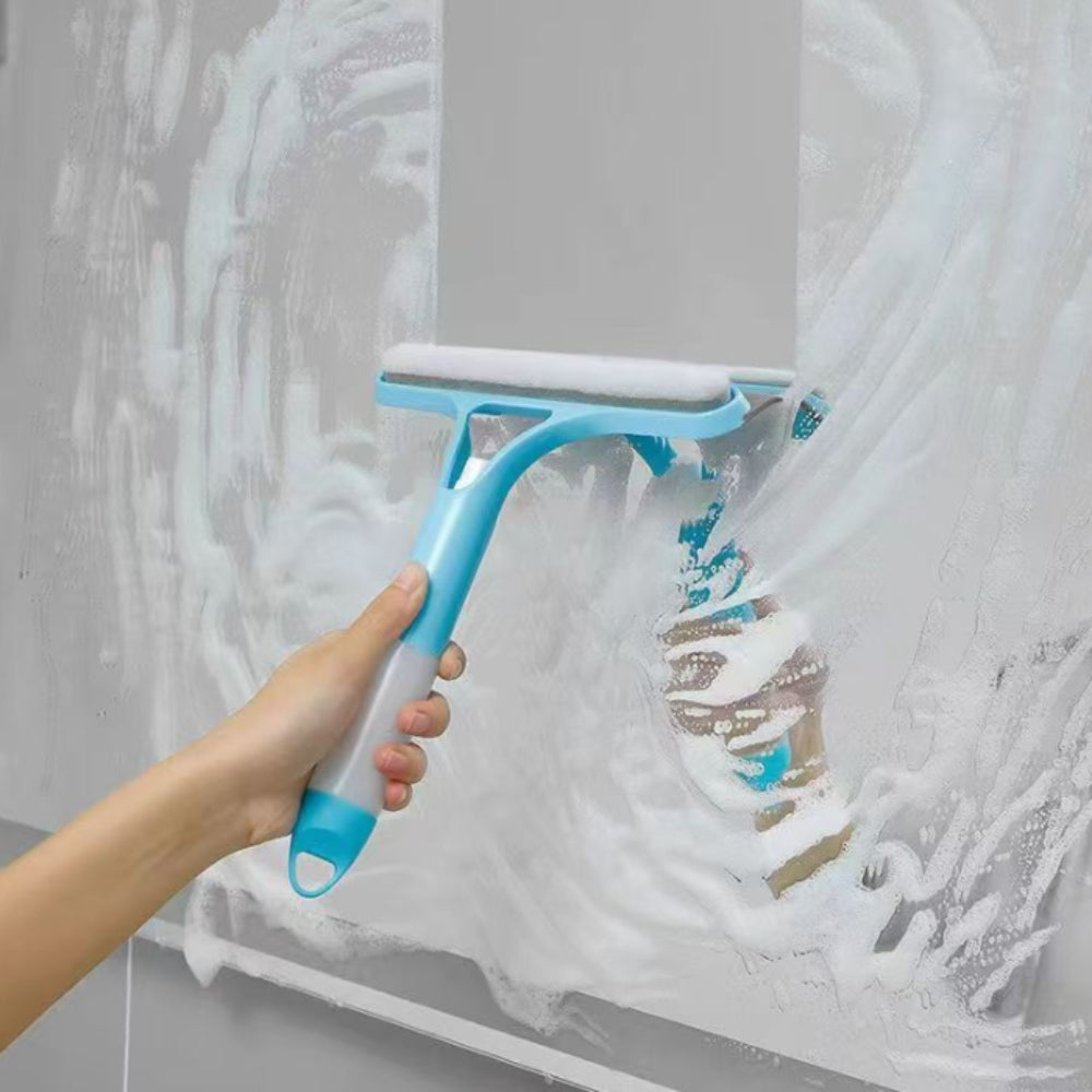 Ergonomic 3 in 1 glass cleaning tool with flexible rubber strip and soft sponge