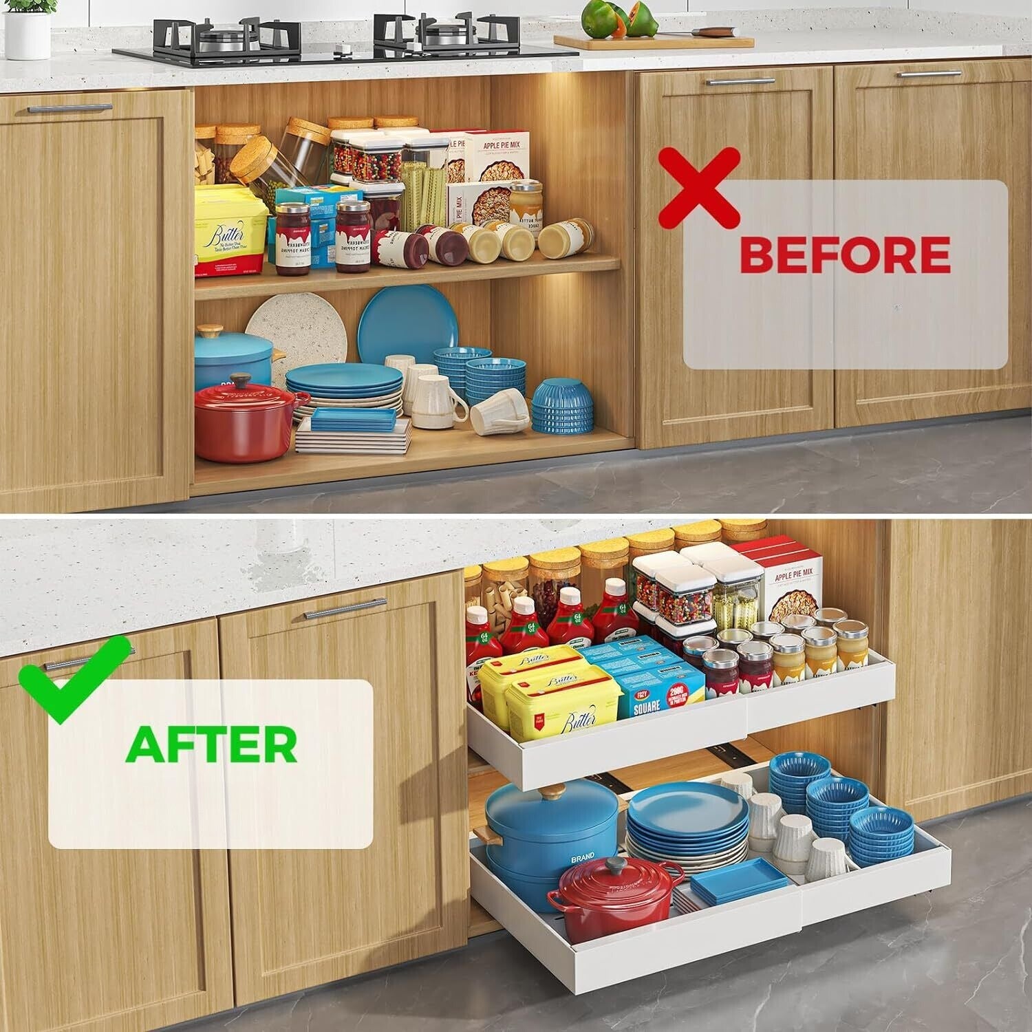 Expandable cabinet organiser fitting neatly inside bathroom vanity cupboard
