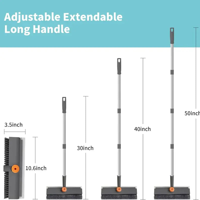 Extendable floor scrubber with rotating head cleaning large kitchen floor area