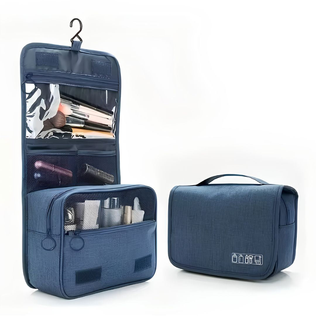 Hanging toiletry bag open with toiletries organised on bathroom hook