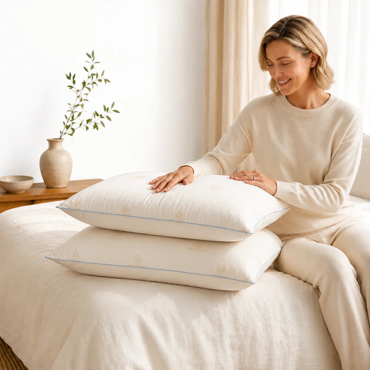 Hypoallergenic wool pillow resistant to dust mites mould and bacteria naturally