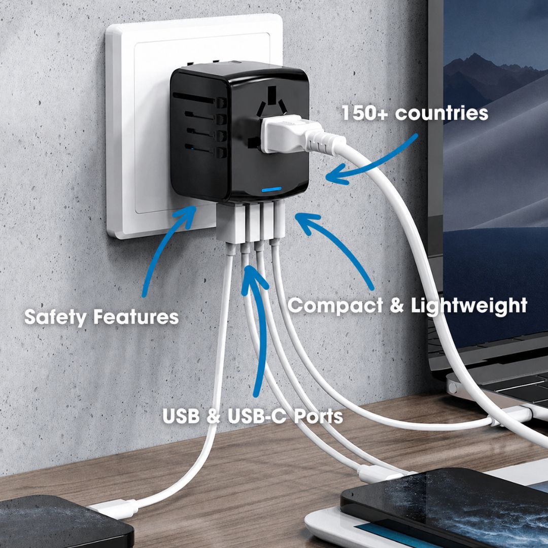 "International power adapter with EU UK US AU plug types, ideal for overseas business travel and backpacking"
