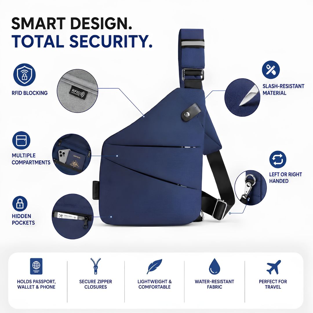 Lightweight travel crossbody bag with concealed pockets and adjustable shoulder strap