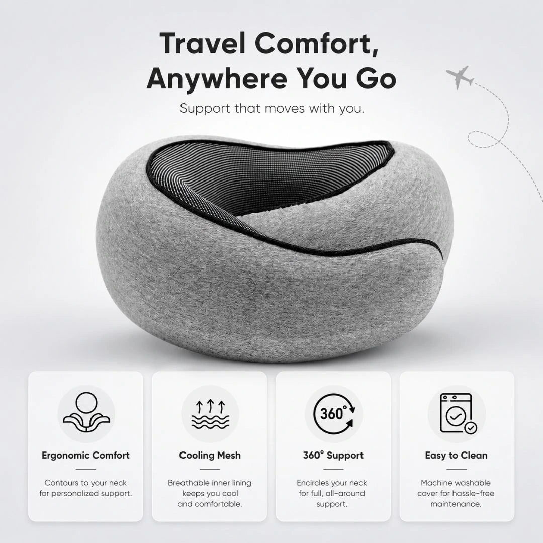 NeckPro Memory Foam Travel Pillow worn on airplane seat