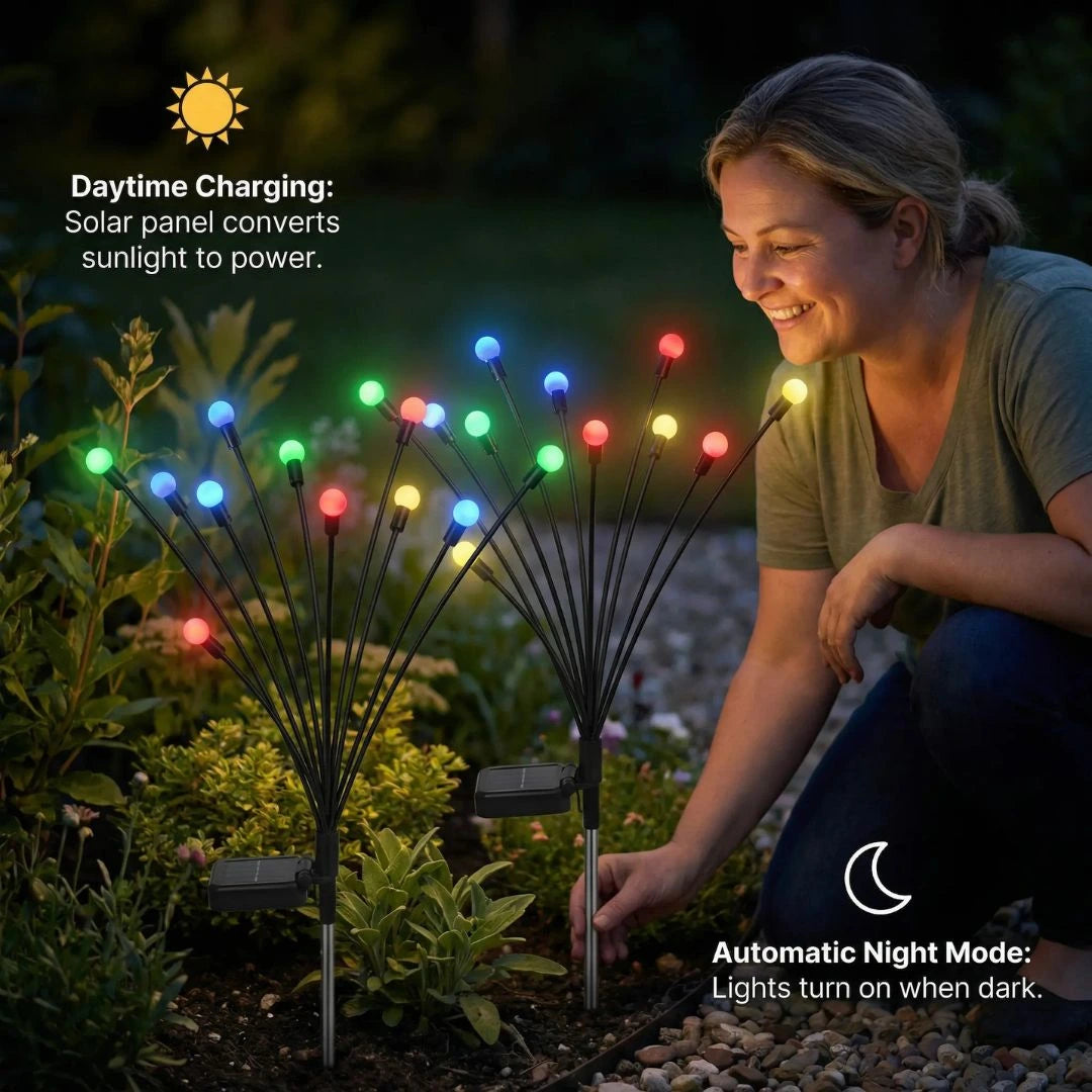 NightGlow solar lights outdoor waterproof illuminating patio with warm firefly effect