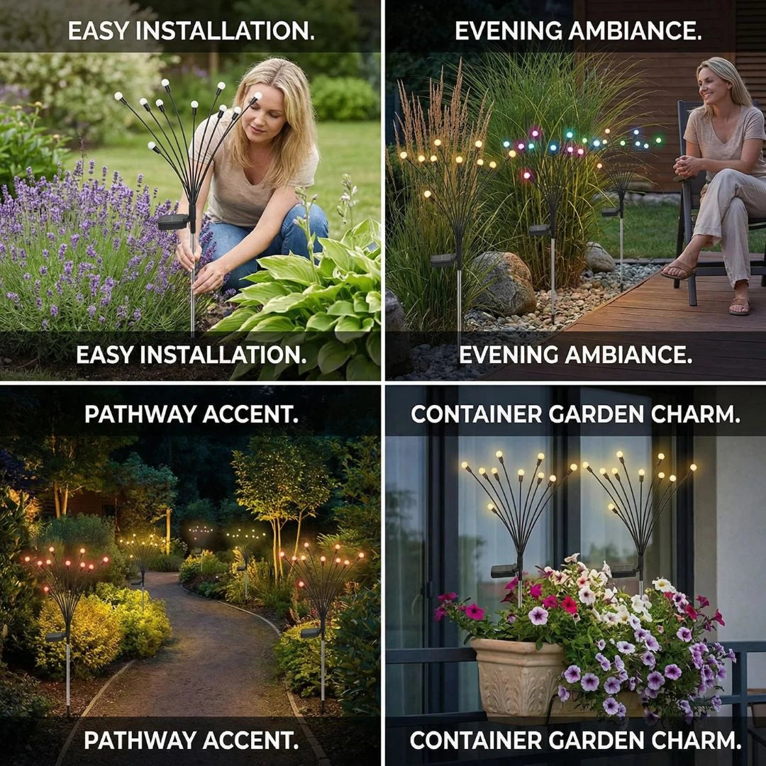 NightGlow solar stake lights with warm LED glow along garden walkway