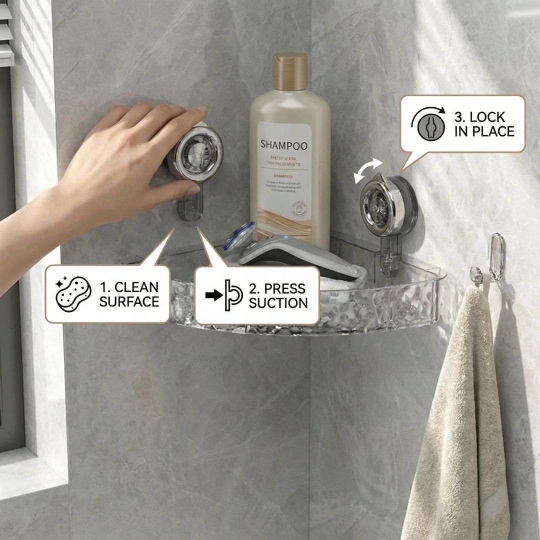 No drill shower caddy organiser keeping bottles off floor and within reach
