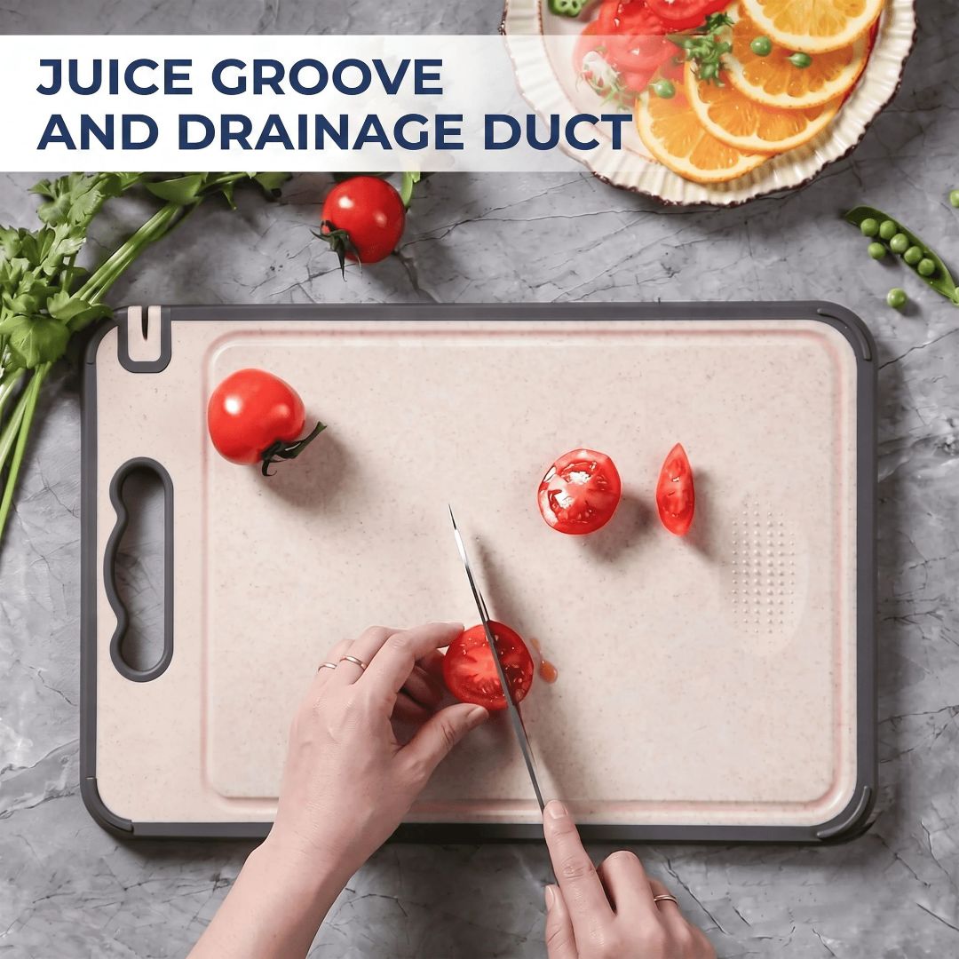 Non-slip silicone edge chopping board staying firm on countertop during cutting