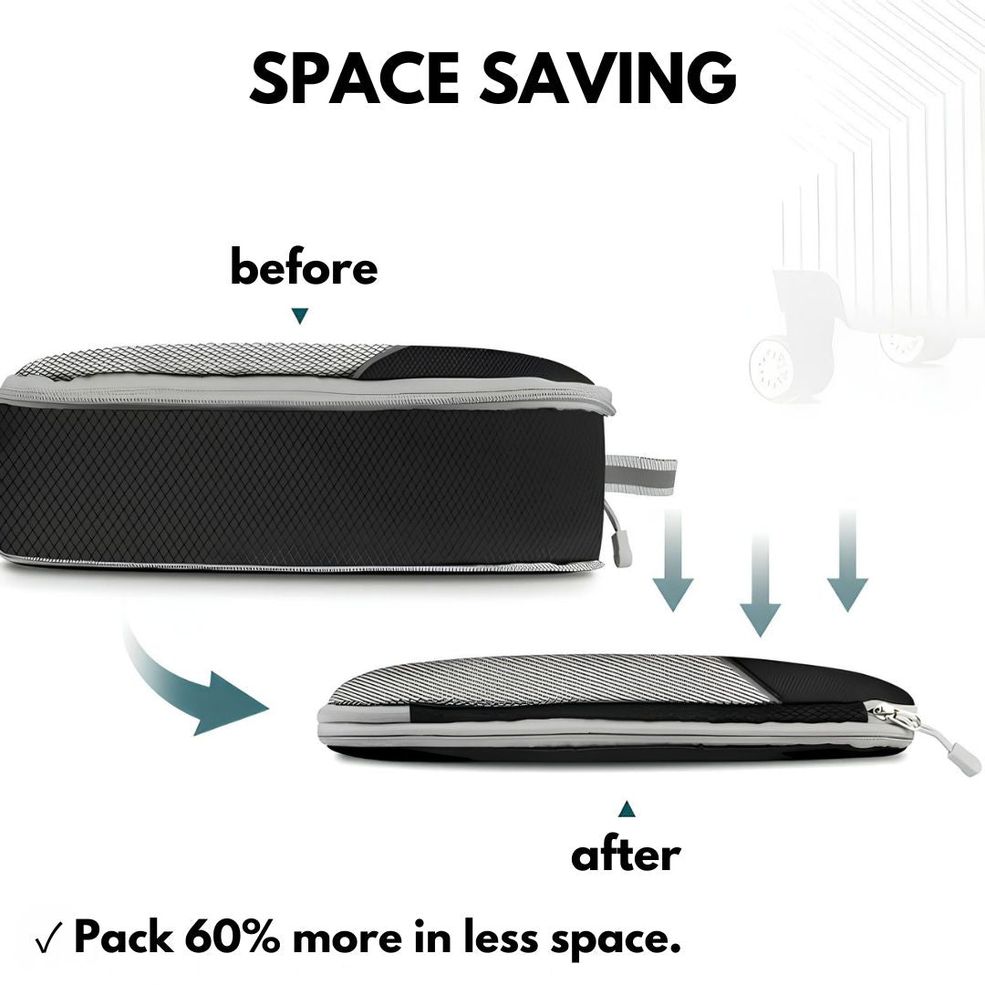 Traveller packing clothes into compression packing cubes to save space in a suitcase