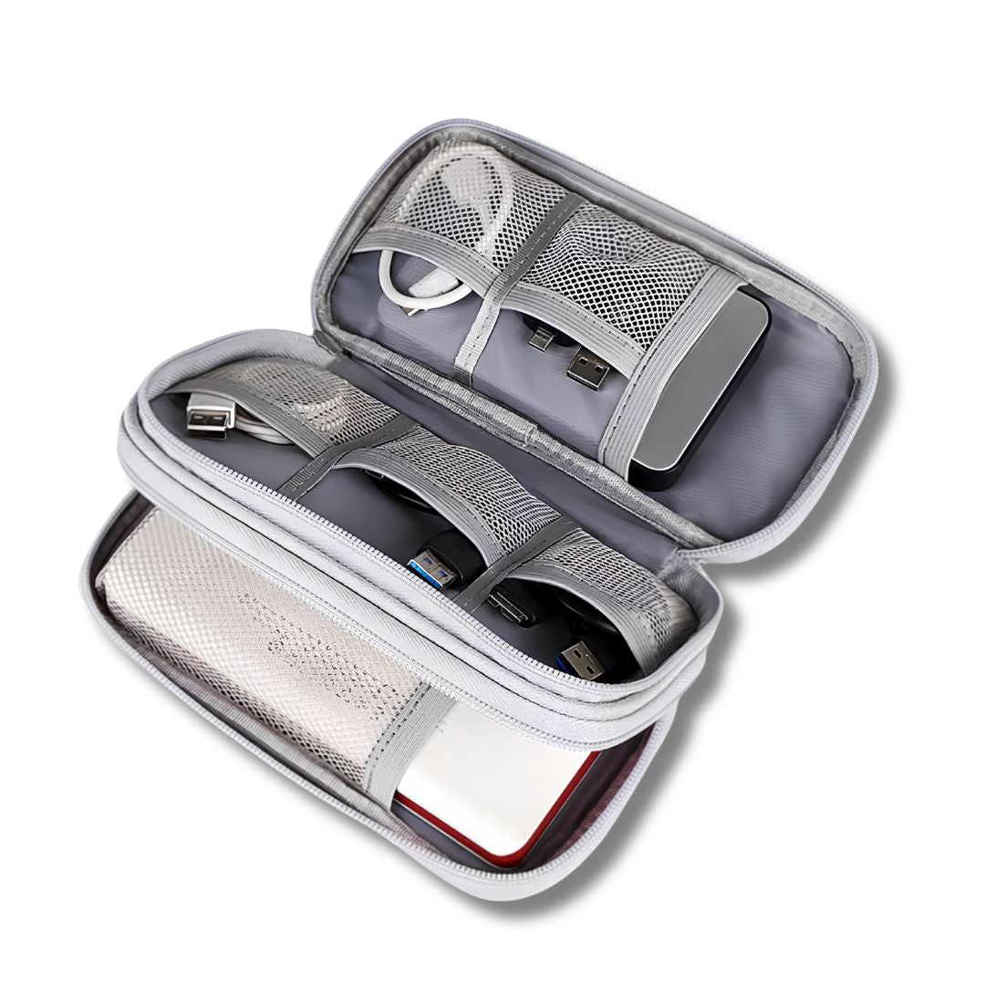 PackTech Travel Electronics Organiser open with cables and chargers