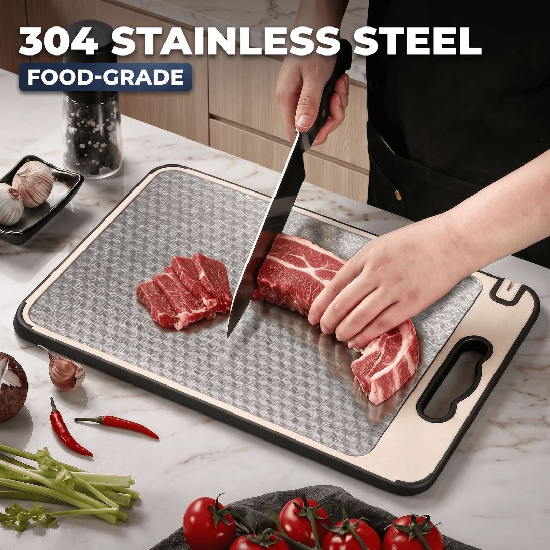 ProChef BPA free cutting board with juice groove catching liquid during prep