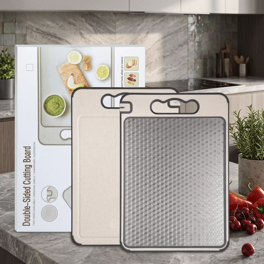 ProChef wheat straw cutting board side with built-in garlic prep zone
