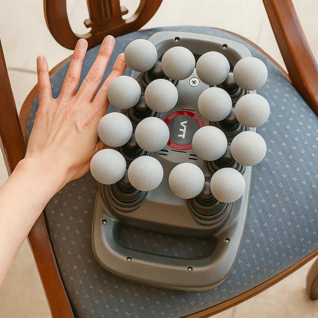 ProRelax percussion massager targeting tight leg muscles after running session