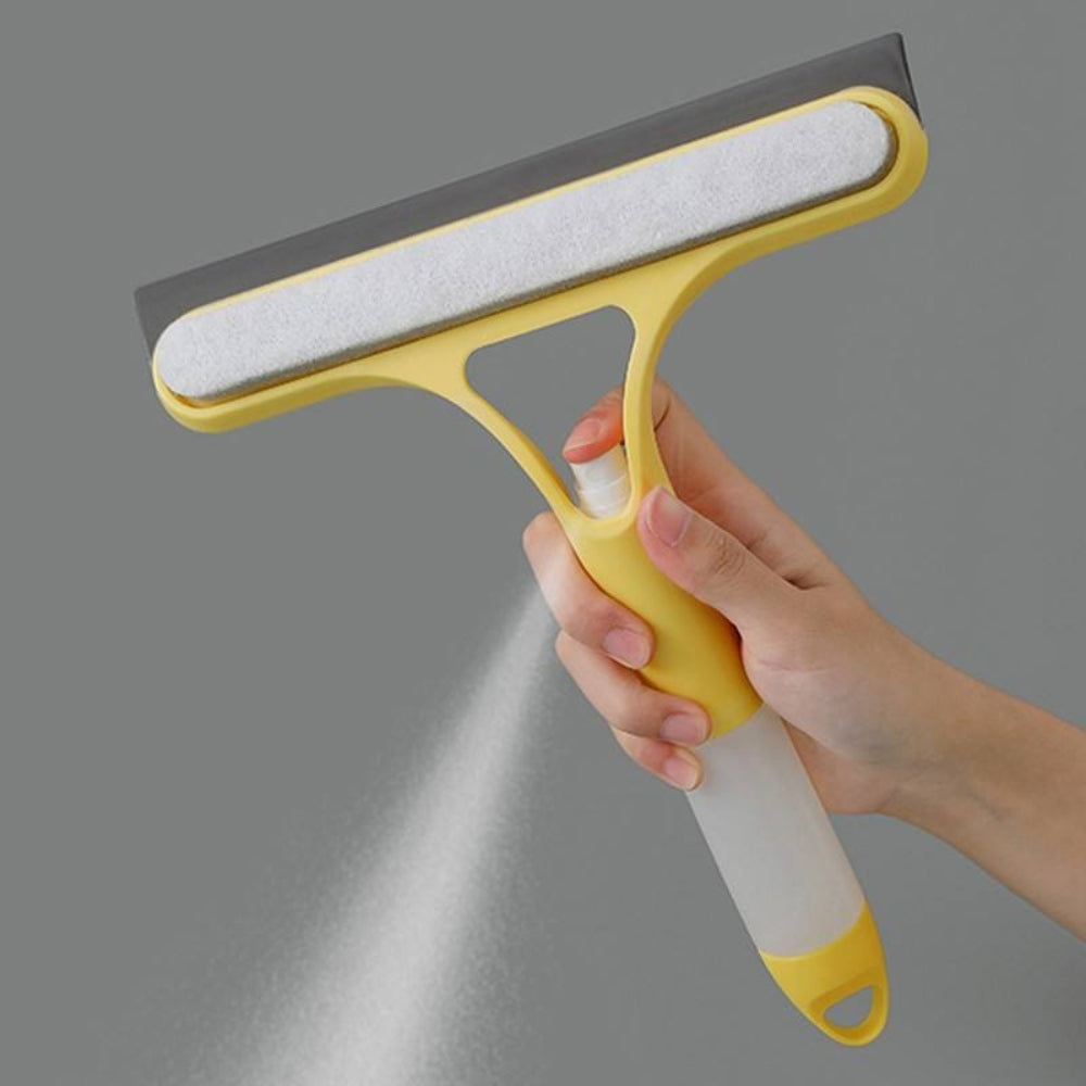 ProShine window cleaner spraying scrubbing and squeegeeing glass in one motion