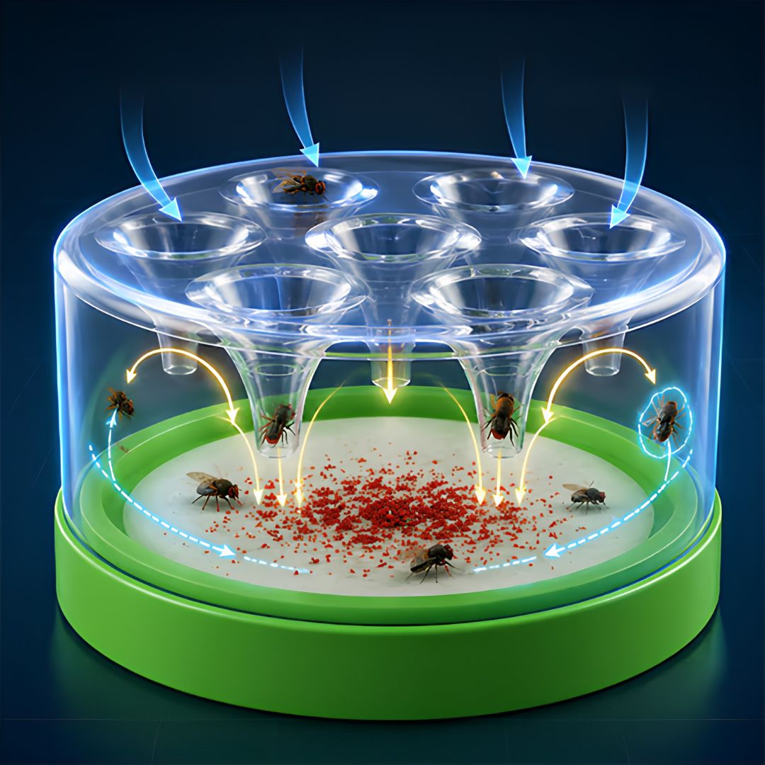 Reusable fly trap with funnel entry design preventing flies from escaping