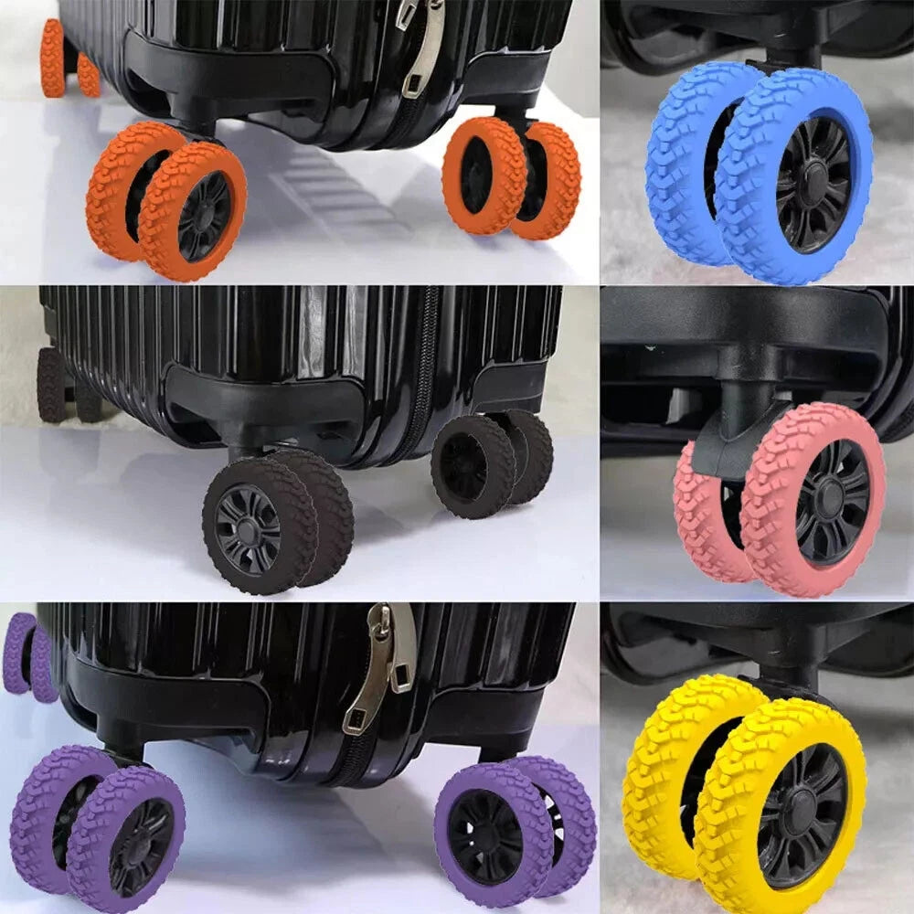 Silicone luggage wheel covers fitted on suitcase spinner wheels