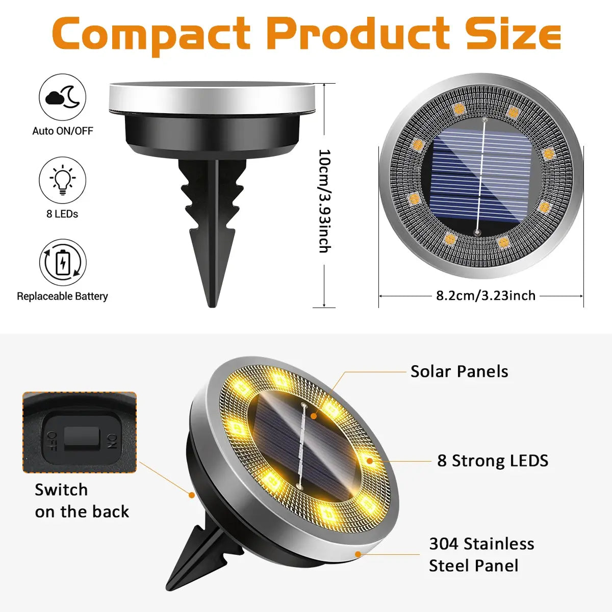 Solar disc ground lights charging in sunlight during day on garden lawn