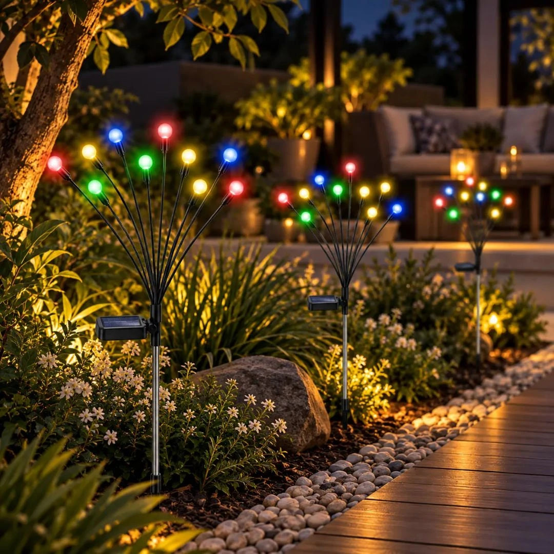 Solar firefly garden decor lights swaying by wind in flower bed at night
