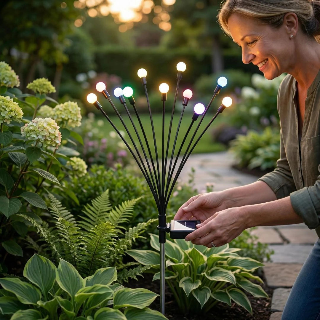 Solar firefly lights for yard with flexible stems moving in evening breeze