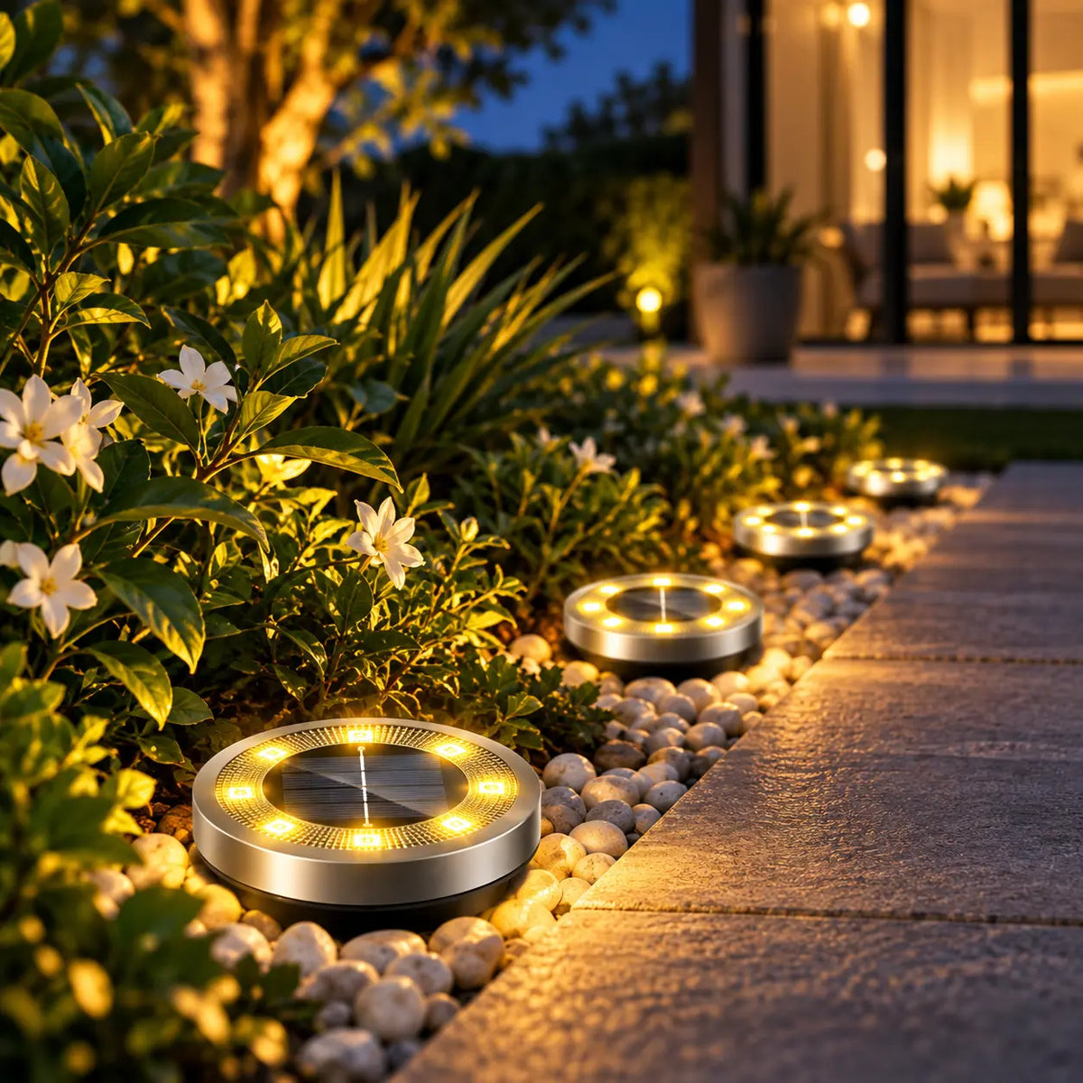 Solar pathway lights with 8 LED 360 degree illumination on walkway