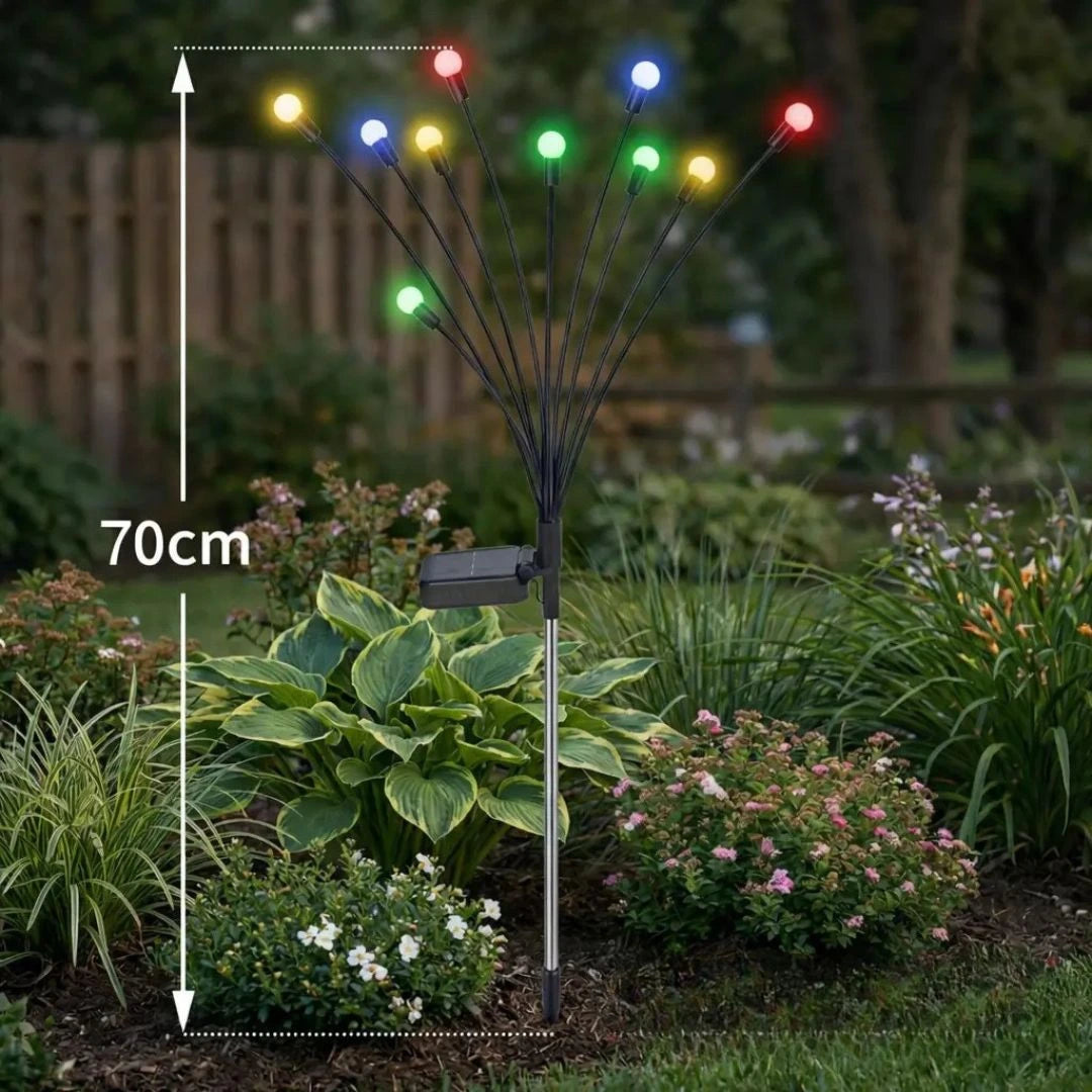 Solar swaying lights for garden with flexible wire stems creating firefly dance
