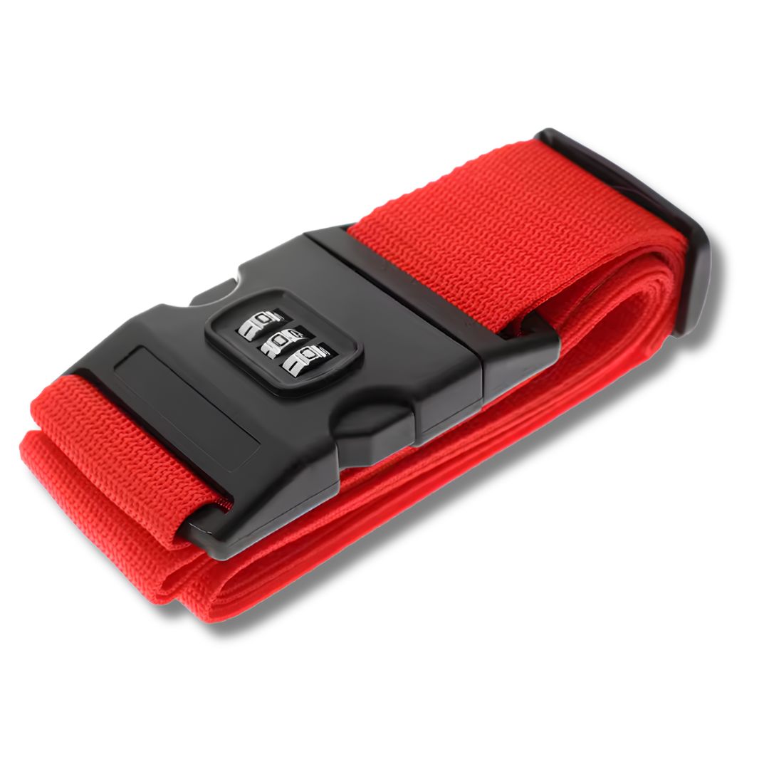 Suitcase belt with lock keeping bag secure during flights