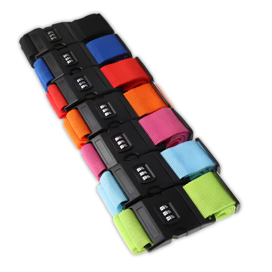 Suitcase straps preventing broken zipper burst during transit