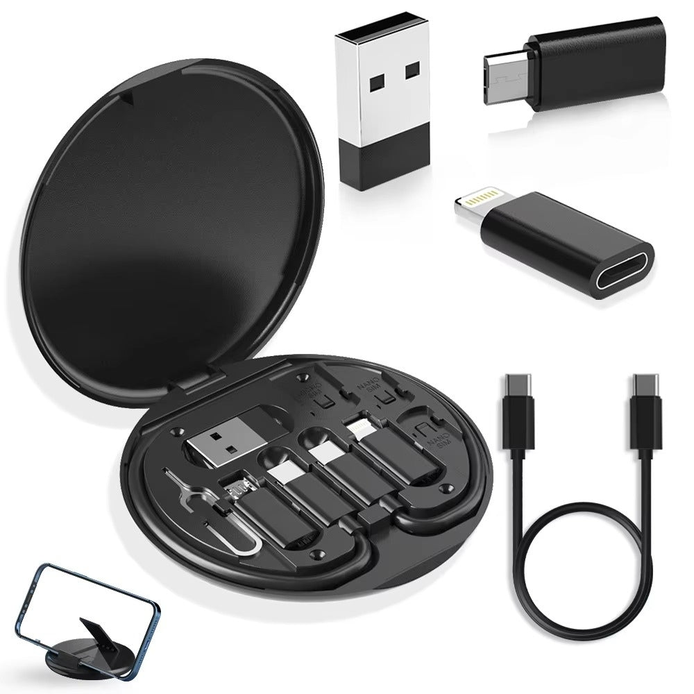 Travel accessories kit with nine essential gadgets laid out