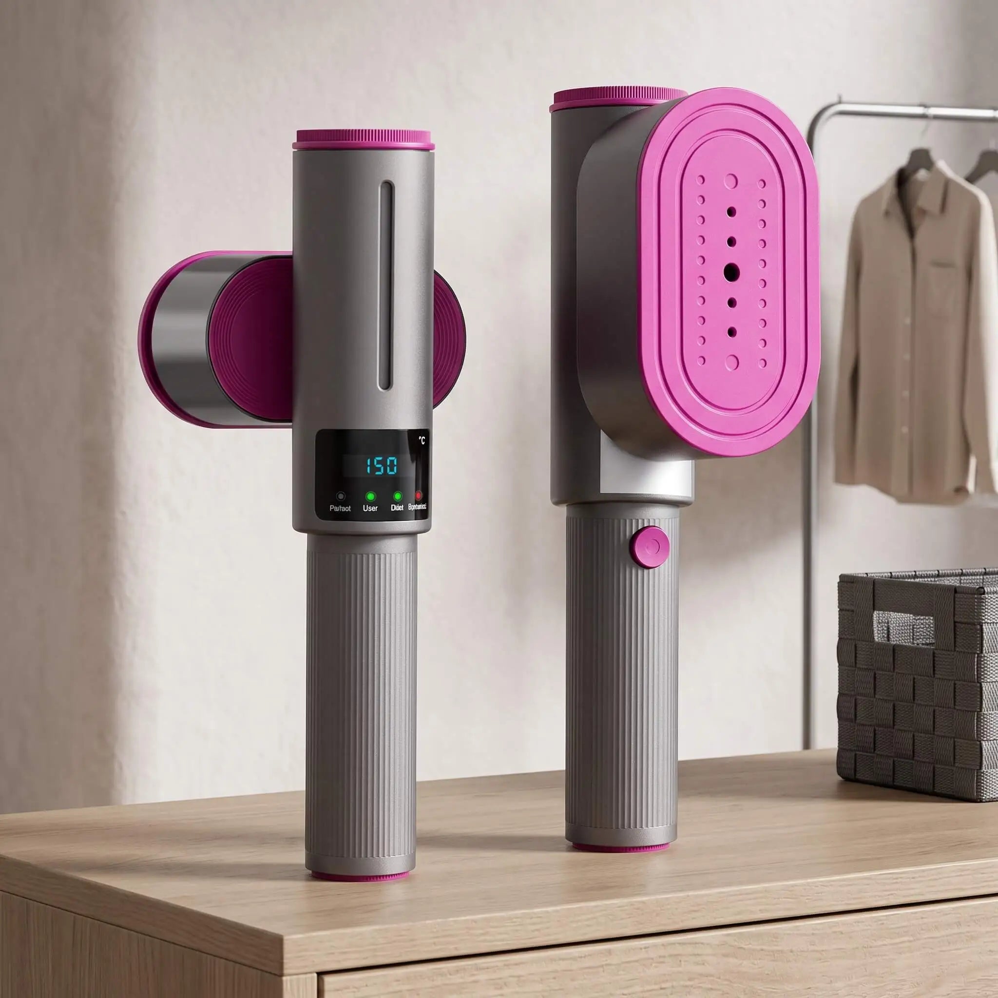 Travel garment steamer removing creases from suit jacket before business meeting