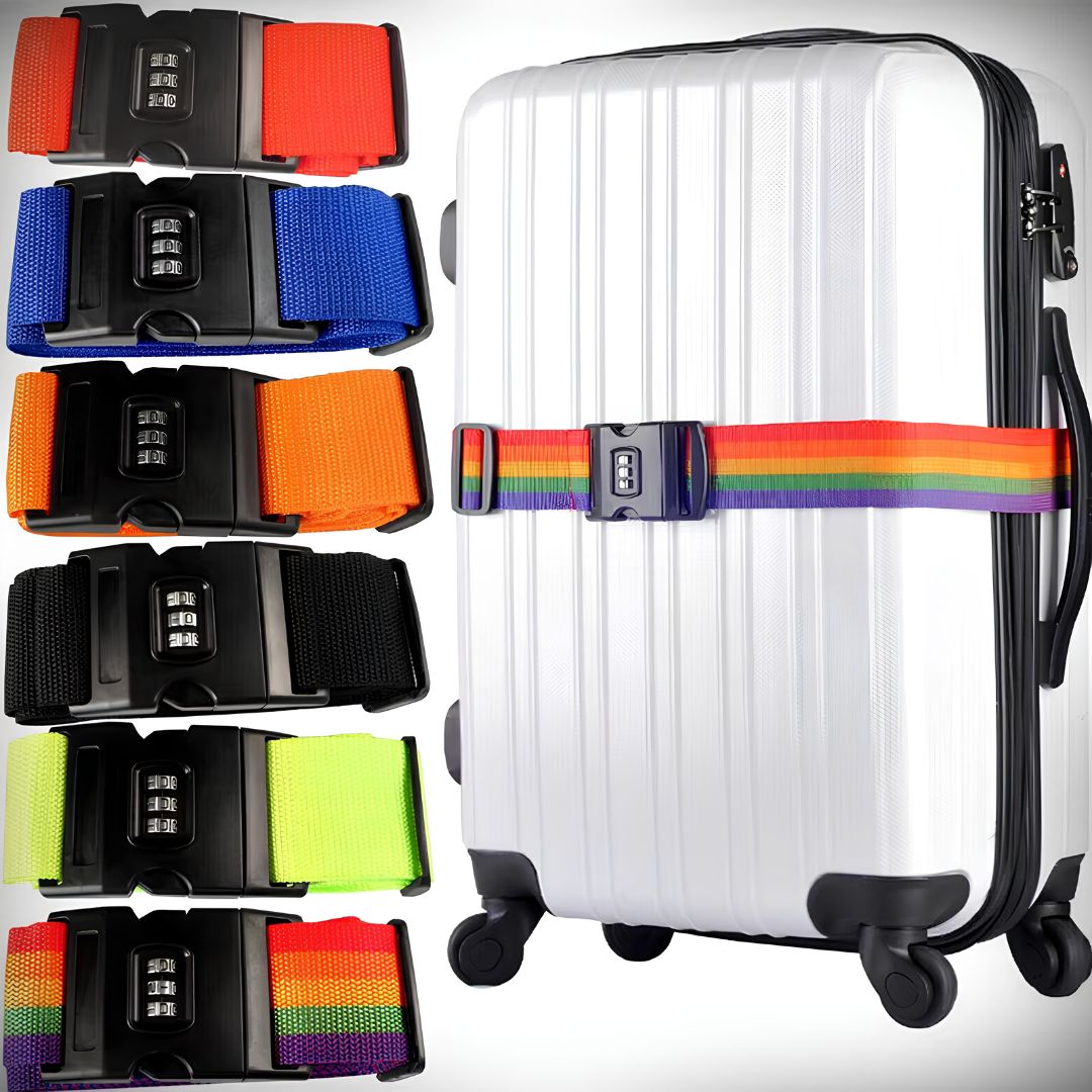 Travel luggage strap with 3 digit combination lock close up