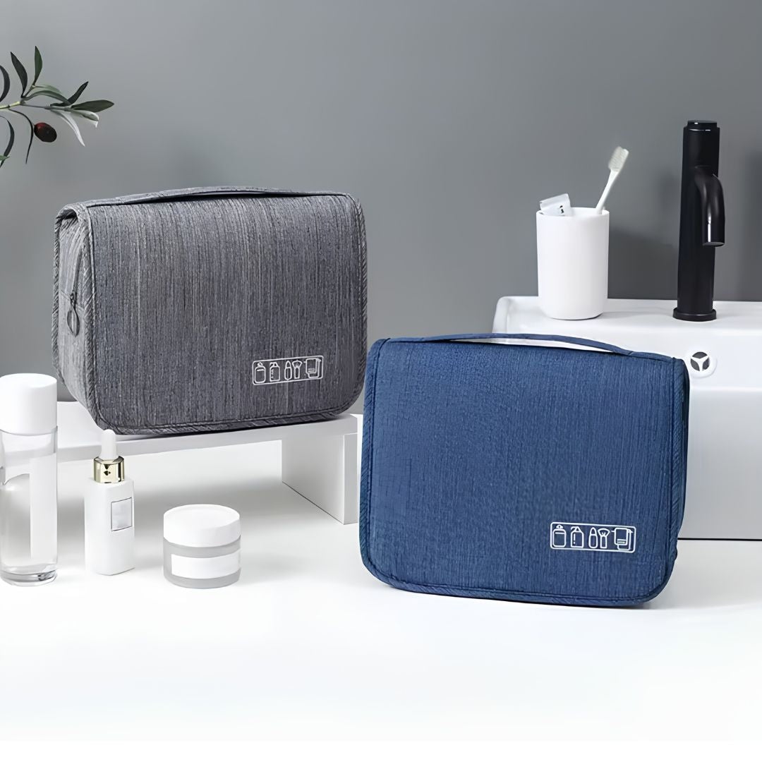 Travel toiletry organiser mesh pockets for brushes and bottles