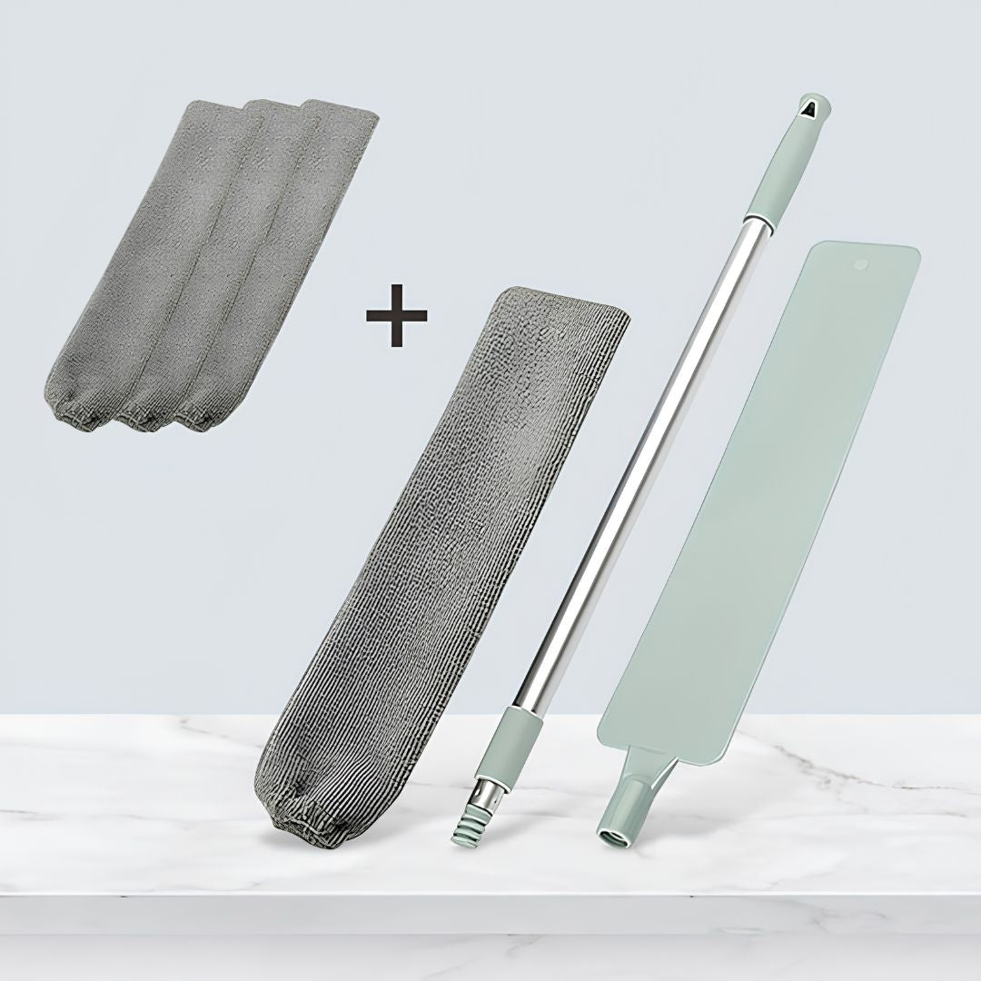 Under couch duster with extendable pole trapping dust and pet hair easily